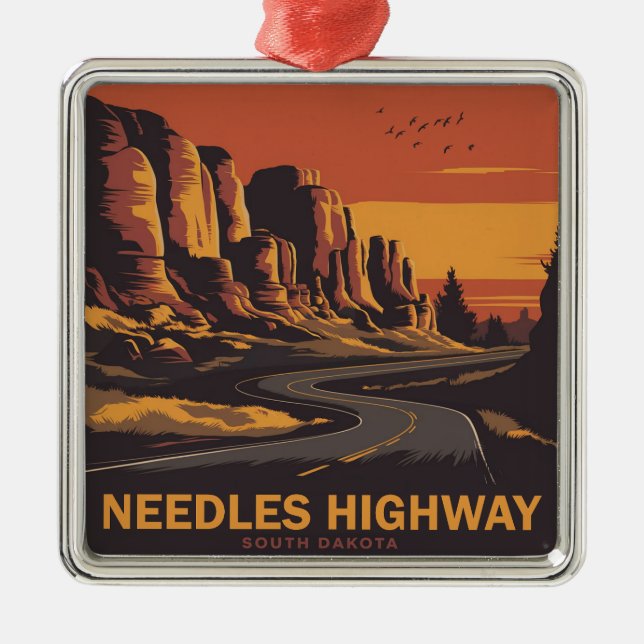 Needles Highway South Dakota Red Sky Metal Ornament (Front)