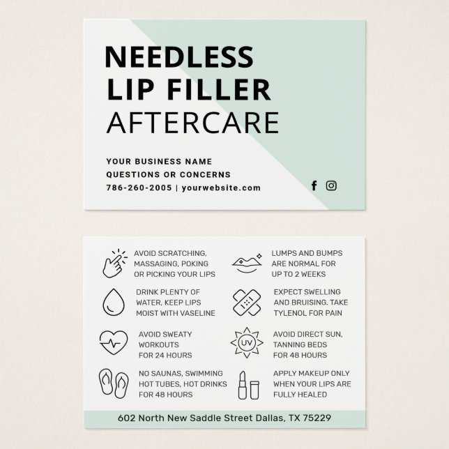 Needles Lips Filler Esthetician Aftercare Card  (Front & Back)