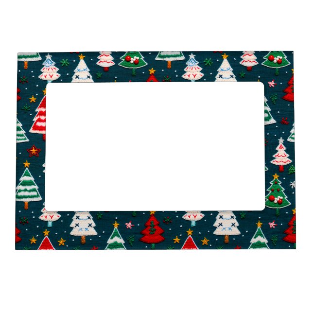 Needlework Christmas Trees Festive Holiday Magnetic Frame (Front)