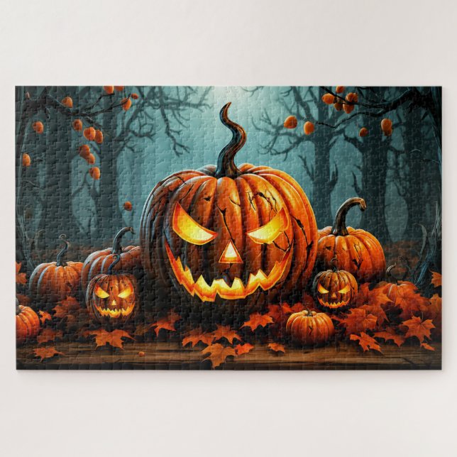 Nefarious Glowing Pumpkin In the Forest Jigsaw Puzzle (Horizontal)