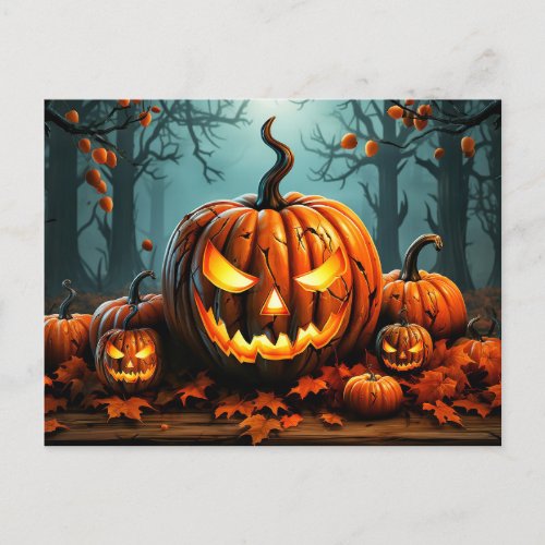 Nefarious Glowing Pumpkin In the Forest Postcard