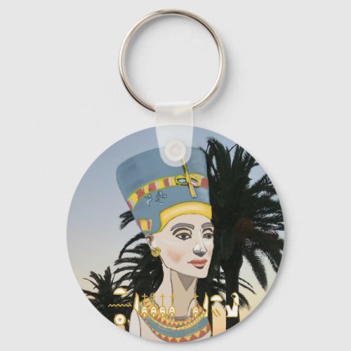 Nefertiti Colourful Portrait and Palm Trees Keychain