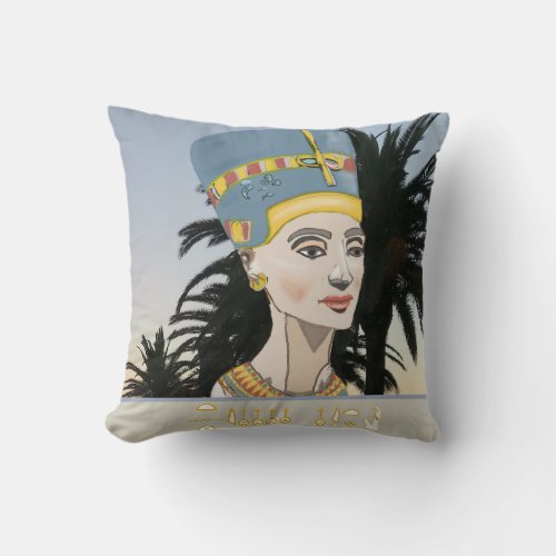 Nefertiti Colourful Portrait and Palm Trees   Throw Pillow