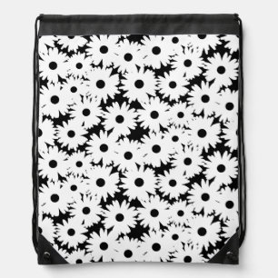 Negative Space Daisies white on black Drawstring Bag