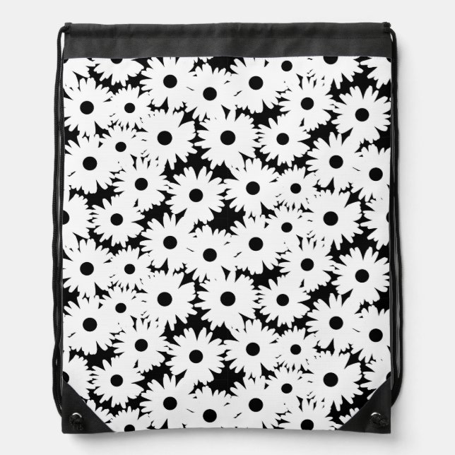 Negative Space Daisies white on black Drawstring Bag (Front)