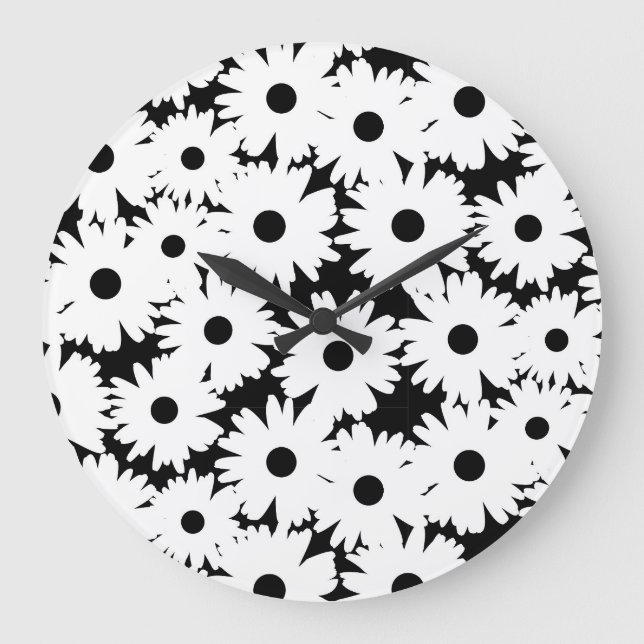 Negative Space Daisies white on black Large Clock (Front)