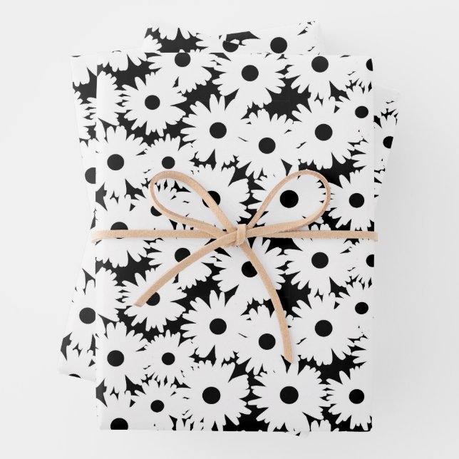 Negative Space Daisies white on black Wrapping Paper Sheets (In situ)
