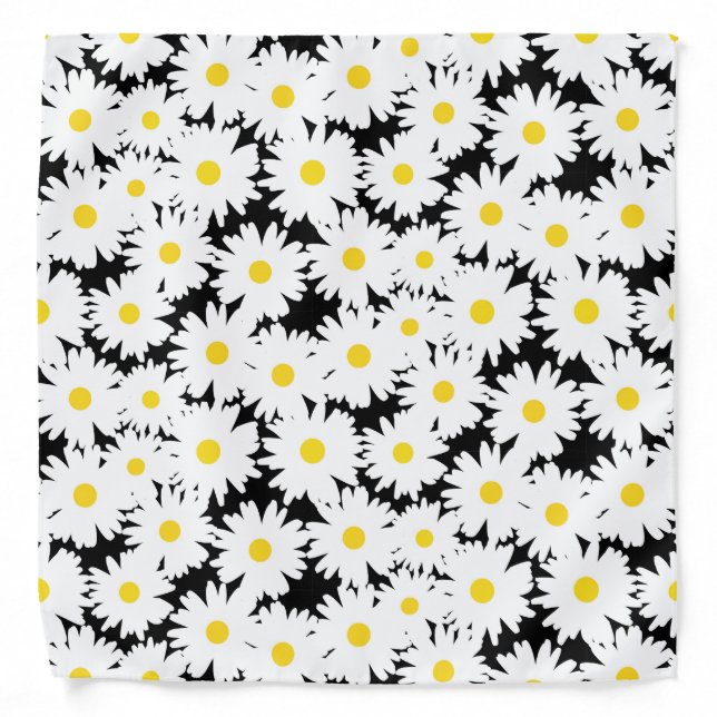 Negative Space Daisies white yellow on black Bandana (Front)