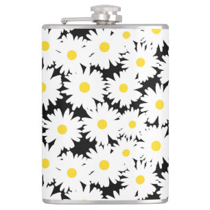 Negative Space Daisies white yellow on black Flask