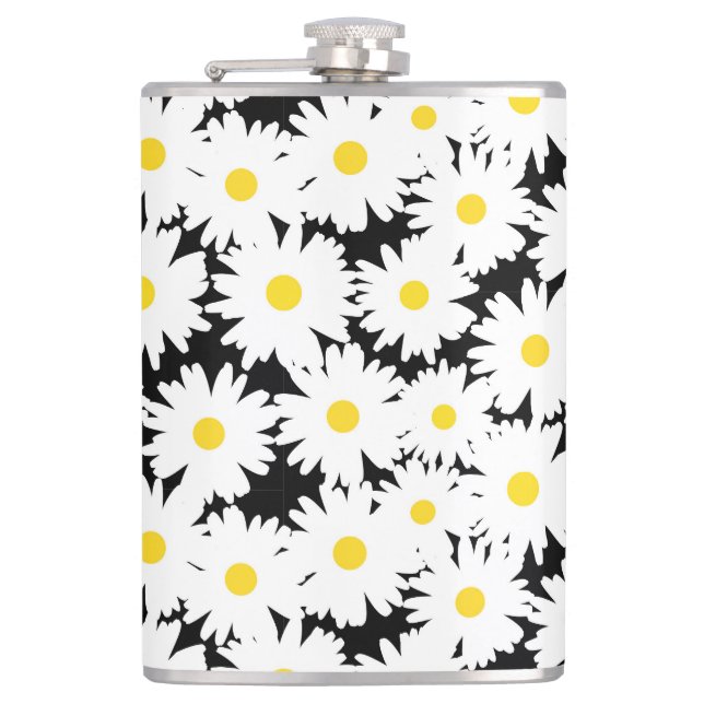 Negative Space Daisies white yellow on black Flask (Front)