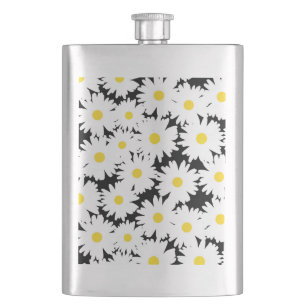 Negative Space Daisies white yellow on black Flask