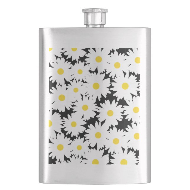 Negative Space Daisies white yellow on black Flask (Front)