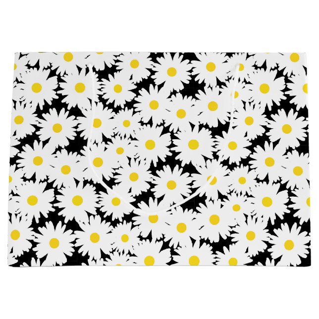 Negative Space Daisies white yellow on black Large Gift Bag (Front)