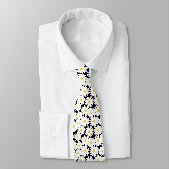 Negative Space Daisies white yellow on black Neck Tie (Tied)