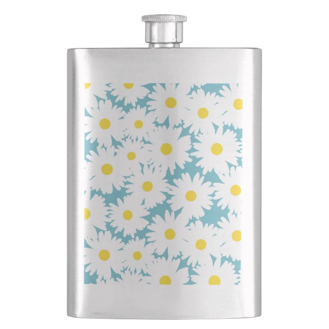 Negative Space Daisies white yellow on blue Flask (Front)