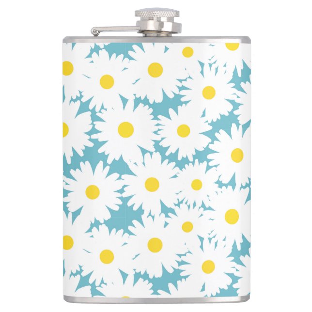 Negative Space Daisies white yellow on blue Flask (Front)