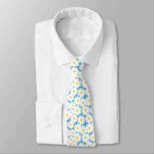 Negative Space Daisies white yellow on blue Neck Tie
