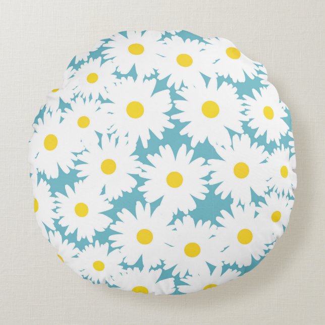 Negative Space Daisies white yellow on blue Round Pillow (Front)