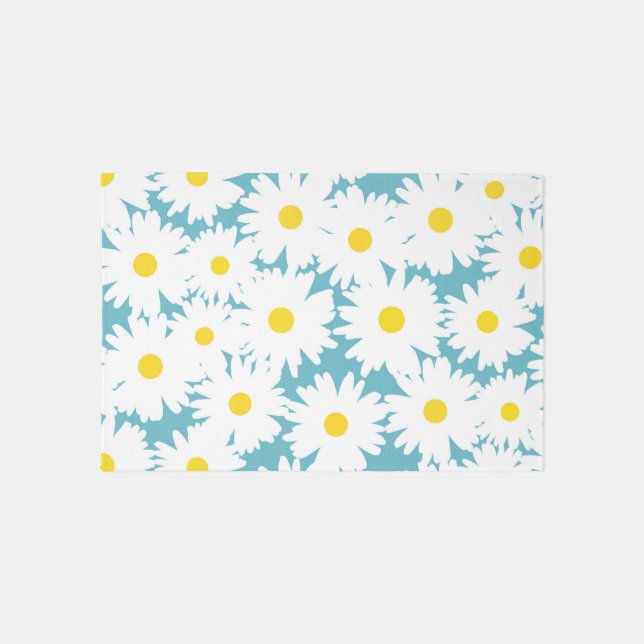 Negative Space Daisies white yellow on blue Rug (Front)