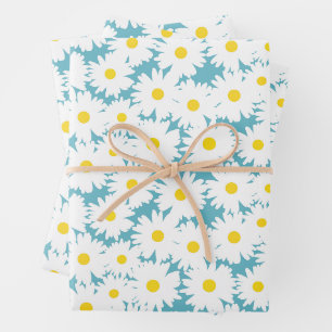 Negative Space Daisies white yellow on blue Wrapping Paper Sheets