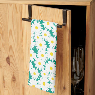 Negative Space Daisies white yellow on green Kitchen Towel