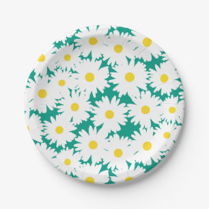 Negative Space Daisies white yellow on green Paper Plates