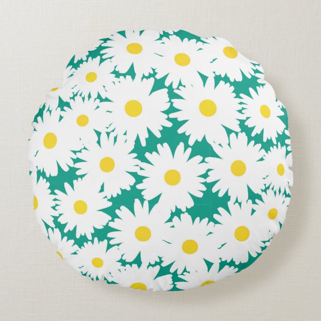 Negative Space Daisies white yellow on green Round Pillow (Front)