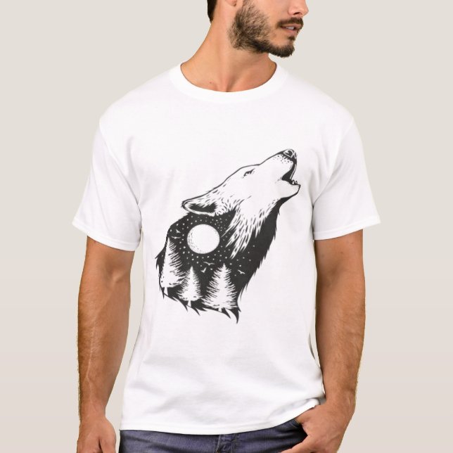Negative space of a wolf with forest background T-Shirt (Front)