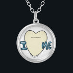 Negatives I Love Me Bubbly Design Silver Plated Necklace<br><div class="desc">"I love me" in negatives image color way dark blue pattern with a black heart border to add your image!</div>