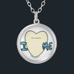 Negatives I Love Me Bubbly Design Silver Plated Necklace<br><div class="desc">"I love me" in negatives image color way dark blue pattern with a black heart border to add your image!</div>