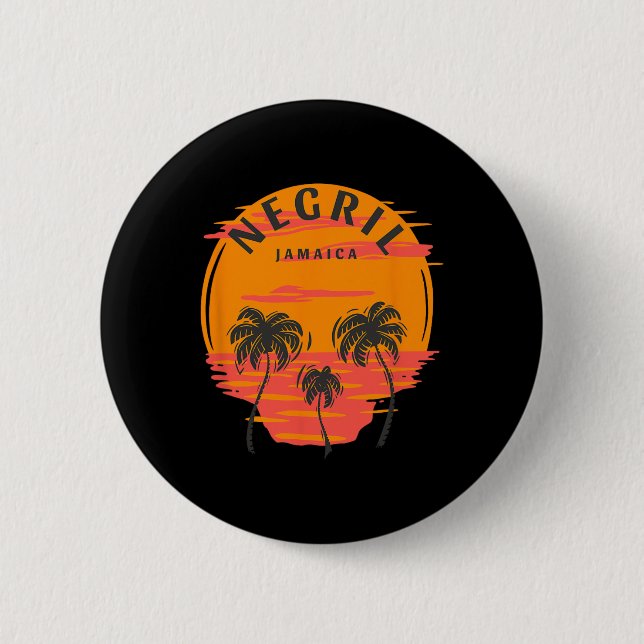 Negril Jamaica Palm Trees Sunset Skull Beach Vacat Button (Front)
