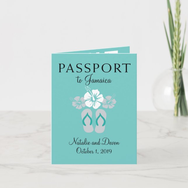 Negril Jamaica Teal and Gray Wedding Passport Invitation (Front)
