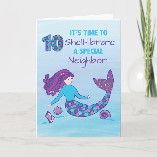 Neighbor 10th Birthday Sparkly Look Mermaid Card (Front)