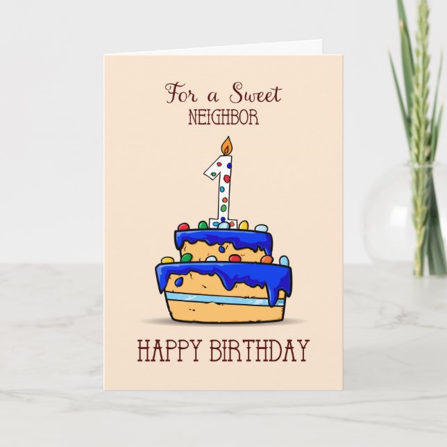 Neighbor 1st Birthday, 1 on Sweet Blue Cake Card (Front)