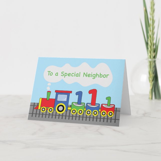 Neighbor 1st Birthday Colorful Train on Track Card (Front)