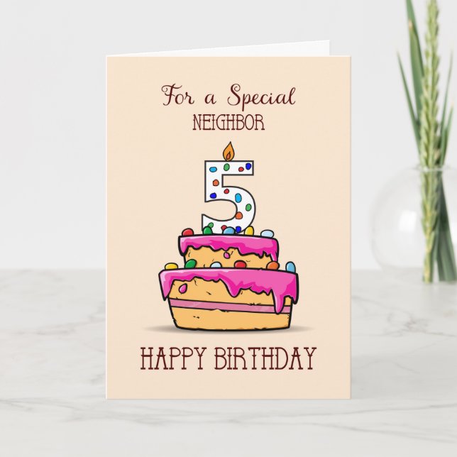 Neighbor 5th Birthday, 5 on Sweet Pink Cake Card (Front)