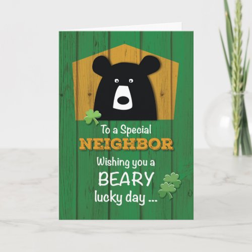 Neighbor Bear and Shamrocks on St Patricks Day Card