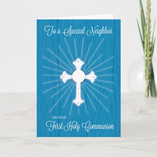 Neighbor First Communion Cross and Rays on Blue Card (Front)