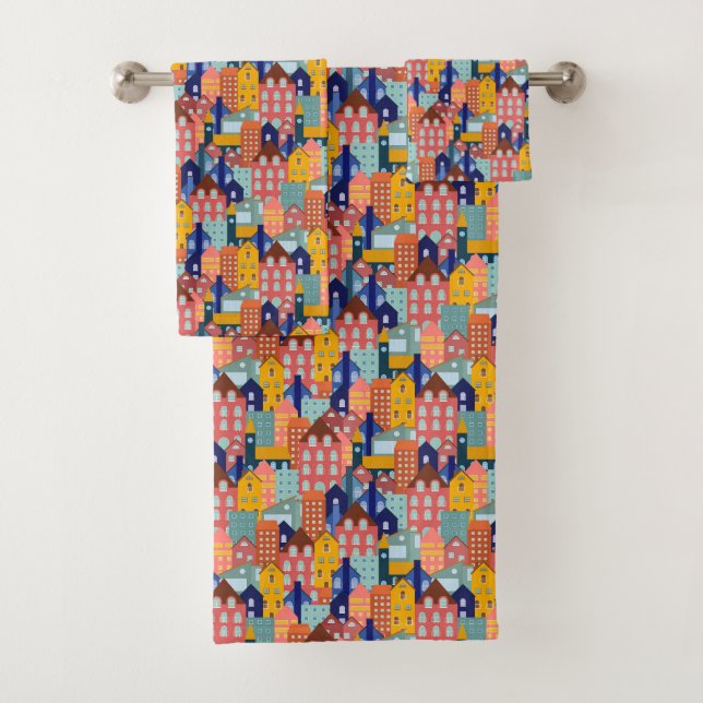 Neighborhood Block City Houses Bath Towel Set (Insitu)