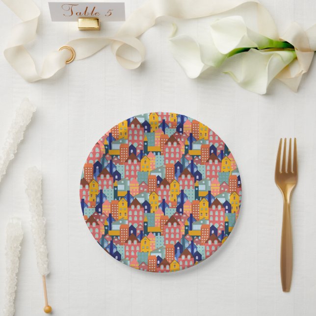 Neighborhood Block City Houses Pattern Paper Plates (Wedding)
