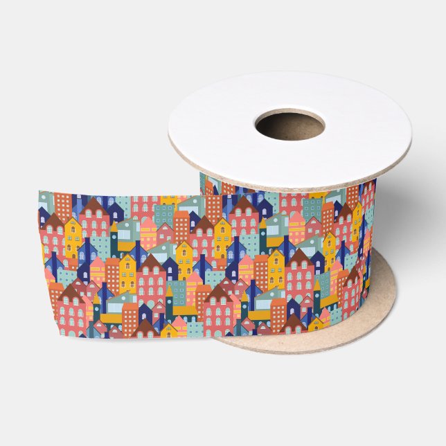 Neighborhood Block City Houses Pattern Satin Ribbon (Spool)