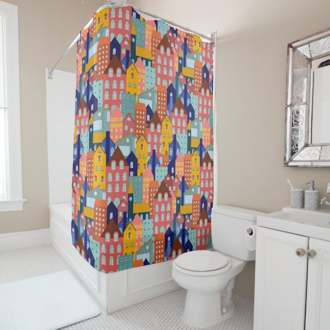 Neighborhood Block City Houses Pattern Shower Curtain (In Situ)