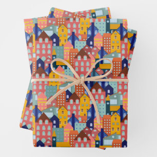 Neighborhood Block City Houses Pattern Wrapping Paper Sheets
