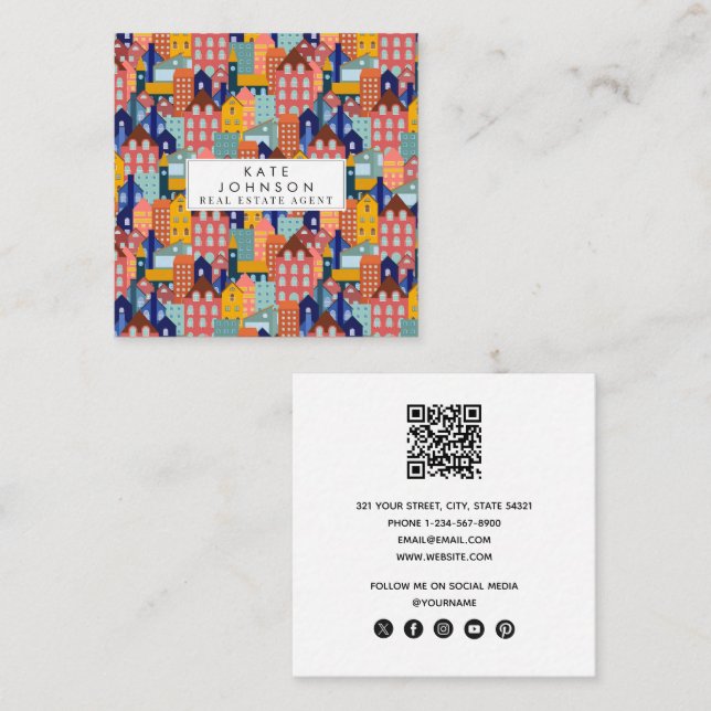 Neighborhood Block City Houses QR Code Square Business Card (Front/Back)