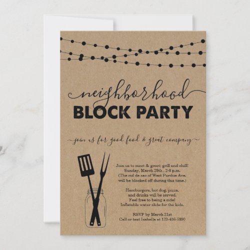 Neighborhood Block Party Invitation - Neighborhood Block Party Invitation - Hand drawn string lights, mason jar, and utensils on a wonderfully rustic kraft background for your celebration. 

Coordinating RSVP, Details, Registry, Thank You cards and other items are available in the 'Wonderfully Simple' Collection within my store.