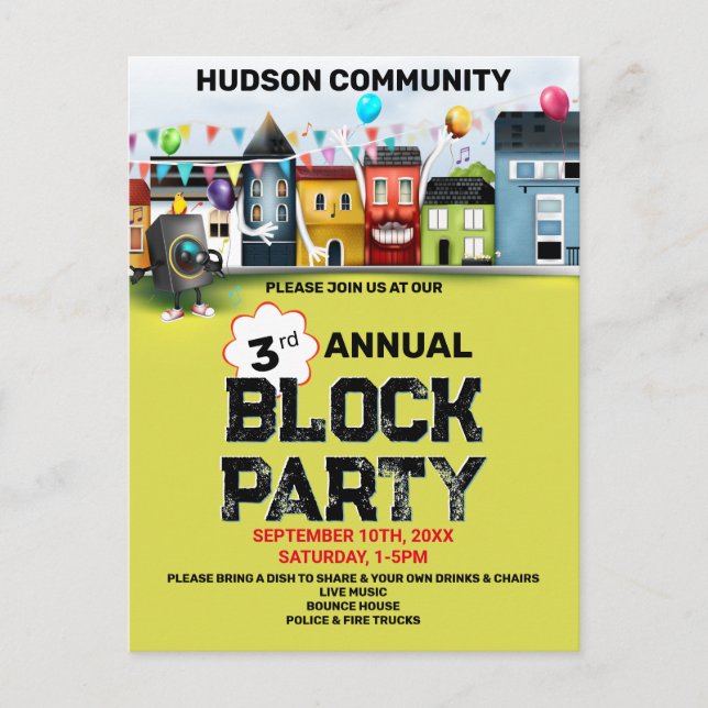 Neighborhood Block Party Invitation Postcard (Front)