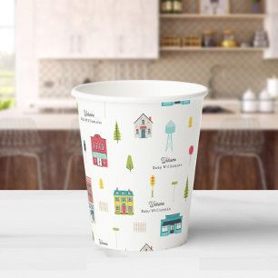 Neighborhood Buildings Welcome Pattern Baby Shower Paper Cups