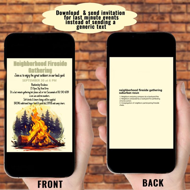 Neighborhood Fireside Gathering Digital Download Invitation (When you need to send the invitation quickly, download it. Print it to mail when you have the time.)