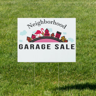 Neighborhood Garage Sale Sign with Pink Flamingo