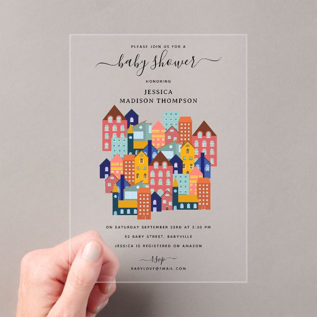 Neighborhood House Baby Shower Acrylic Invitations (Insitu (Handheld))